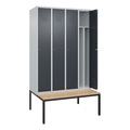 C+P Spind Classic PLUS Sitzbank, 4 Abteile, mittig, lichtgrau / grau, B 1200 mm, Zylinderschloss, untergebaut, Buche-Hartholz