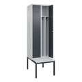 C+P Spind Classic PLUS Sitzbank, 2 Abteile, mittig, lichtgrau / grau, B 600 mm, Zylinderschloss, untergebaut, Kunststoff