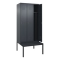 C+P Spind Classic PLUS Sitzbank, 3 Abteile, mittig, grau, B 900 mm, Zylinderschloss, untergebaut, Kunststoff