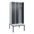 C+P Spind Classic PLUS Sitzbank, 3 Abteile, mittig, lichtgrau / grau, B 900 mm, Zylinderschloss, untergebaut, Kunststoff
