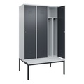 C+P Spind Classic PLUS Sitzbank, 3 Abteile, mittig, lichtgrau / grau, B 1200 mm, Zylinderschloss, untergebaut, Kunststoff