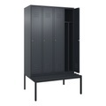 C+P Spind Classic PLUS Sitzbank, 4 Abteile, mittig, grau, B 1200 mm, Zylinderschloss, untergebaut, Kunststoff