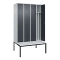 C+P Spind Classic PLUS Sitzbank, 4 Abteile, mittig, lichtgrau / grau, B 1200 mm, Zylinderschloss, untergebaut, Kunststoff