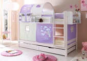 TICAA, Ticaa Einzel-/Etagenbett »Lio« mit Textil-Set, Kiefer massiv weiss gewachst