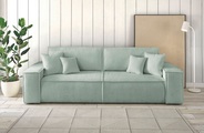 Home affaire 2-Sitzer »CHAMBORD«, Nachts: Schlafsofa (Liegefläche 200x136 cm) mit Bettkasten, tagsüber chilliges 3-Sitzer-Sofa mit 2 losen Rückenkissen und Zierkissen gratis, weicher Boucle-Stoff aus 90% recycelten Fasern!