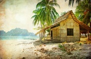 Papermoon Fototapete »PALMEN-STRAND-RETRO VINTAGE KARIBIK SÜDSEE MEER DÜNEN«, Vliestapete, hochwertiger Digitaldruck, inklusive Kleister