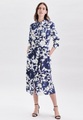 Kleid Floral Langarm Kragen Damen Blau 40