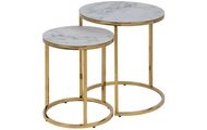 mutoni scandi, Set mit 2 Tischen Romandie Rund Milchglas Marmor Print Weiss 6 mm Golden Chro...