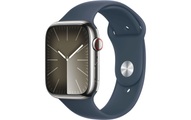 APPLE Watch Series 9 (GPS + Cellular, Edelstahl) 45 mm - Smartwatch (S/M 140-190 mm, Fluorelastomer, Silber/Sturmblau)