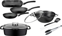 GSW Topf-Set »Gourmet Granit«, Aluminiumguss, (Set, 7 tlg., (3 Pfannen, 1 Bräter, 1 Multi-Wok, 1 Kochzange, 1 Pfannenwender), Induktion