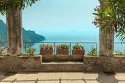 Papermoon, Papermoon Fototapete »PERGOLA-TERRASSE STRAND KLIPPEN KÜSTE BLUMEN GEBIRGE«, Vliestapete, hochwertiger Digitaldruck, inklusive Kleister