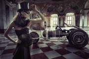 Papermoon Fototapete »STEAMPUNK-FRAU SEXY FANTASIE SURREAL KUNST RETRO AUTO«, Vliestapete, hochwertiger Digitaldruck, inklusive Kleister