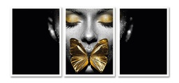 Leonique Bild mit Rahmen »Gesicht Schmetterling Goldfarben - Gerahmter Digitaldruck - Wandbild«, (3er-Set), 3x 30x40 cm - Holzrahmen - Dekoration - Weisser Rahmen - Triptychon