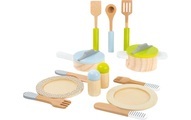 Legler, Small Foot 11098 - Geschirr- und Topfset Kinderküche, aus Holz, mit Tellern, Besteck, Streuer, Topf, Pfanne und Küchenhelfer