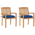 vidaXL Gartenstühle 2 Stk. mit Blauen Kissen Massivholz Teak