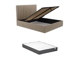 Bett mit Bettkasten + Matratze - 140 x 190 cm - Bett-Kopfteil mit vertikalen Ziernähten - Samt - Taupe - LARALI Bett mit Bettkasten + Matratze - 140 x 190 cm - Bett-Kopfteil mit vertikalen Ziernähten - Samt - Taupe - LARALI