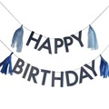 Blaue Happy Birthday Girlande mit Quasten