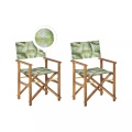Beliani Gartenstuhl Akazienholz hellbraun Textil grau / hellgrün Palmenmotiv 2er Set CINE