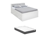 Bett mit Schubladen & Stauraum + Matratze - 140 x 190 cm - Weiß - BORIS Bett mit Schubladen & Stauraum + Matratze - 140 x 190 cm - Weiß - BORIS