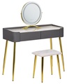 Beliani Schminktisch mit rundem LED-Spiegel Hocker 2 Schubladen grau / gold SURIN