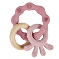 Beißring für Babys, Beißring-Spielzeug aus Silikon und Holzringen, Baby-Beißhilfe BPA-frei, schmerzlinderndes Beißzubehör Pink