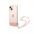 Guess - iPhone 14 Plus Hardcase Hülle Translucent + Pearl Strap Trageschlaufe (GUHCP14MHGCOHP) - Rosa / Transparent