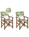 Beliani Gartenstuhl Akazienholz dunkelbraun Textil grau / hellgrün Palmenmotiv 2er Set CINE
