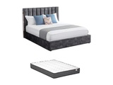 Vente-unique, Bett 140 x 190 cm - Kopfteil mit Ziernähten - Samt - Anthrazit + Matratze - FEROYA Bett 140 x 190 cm - Kopfteil mit Ziernähten - Samt - Anthrazit + Matratze - FEROYA