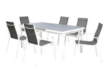 Vente-unique, Garten Essgruppe LINOSA - Aluminium - 6 Stühle und ein ausziehbarer Tisch - Grau & Weiß Garten Essgruppe LINOSA - Aluminium - 6 Stühle und ein ausziehbarer Tisch - Grau & Weiß