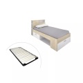 Bett mit Kopfteil, Stauraum & Schublade - 90 x 190 cm + Lattenrost - Weiß und Holzfarben - LEANDRE Bett mit Kopfteil, Stauraum & Schublade - 90 x 190 cm + Lattenrost - Weiß und Holzfarben - LEANDRE