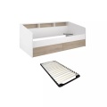 Vente-unique - Bett mit Stauraum - 90 x 200 cm - Weiß & Holzfarben + Lattenrost - PAULETTE, 90x200 cm, Beige