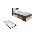 Bett mit Kopfteil, Stauraum & Schublade - 90 x 190 cm + Lattenrost - Anthrazit und Holzfarben - LEANDRE Bett mit Kopfteil, Stauraum & Schublade - 90 x 190 cm + Lattenrost - Anthrazit und Holzfarben - LEANDRE