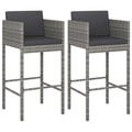vidaXL, vidaXL Barhocker 2 Stk. mit Kissen Grau Poly Rattan