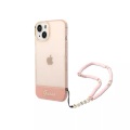 Guess - iPhone 14 Hardcase Hülle Translucent + Pearl Strap Trageschlaufe (GUHCP14SHGCOHP) - Rosa / Transparent