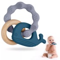 Beißring für Babys, Beißring-Spielzeug aus Silikon und Holzringen, Baby-Beißhilfe BPA-frei, schmerzlinderndes Beißzubehör Blau