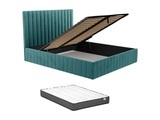 Vente-unique, Bett mit Bettkasten + Matratze - 180 x 200 cm - Bett-Kopfteil mit vertikalen Ziernähten - Samt - Blau - LARALI Bett mit Bettkasten + Matratze - 180 x 200 cm - Bett-Kopfteil mit vertikalen Ziernähten - Samt - Blau - LARALI