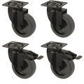Proroll Gummireifen schwarz, thermoplastisch, mit Montageplatte, Set-Angebot 2 Lenkrollen mit Doppelstopp und 2 Lenkrollen Rad-Ø x Breite 75 x 23 mm