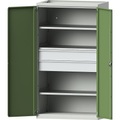EUROKRAFTpro Schwerlastschrank aus Stahl, 3 Fachböden, 2 Schubladen 180 mm hoch, lichtgrau/resedagrün