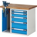 EUROKRAFTpro Werkbank, Baukastensystem, 5 Schubladen, 1 Schraubstock linksseitig, BxT 1000 x 700 mm