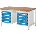 eurokraft pro Werkbank, Gestellbauweise, 12 Schubladen: 8 x 120, 4 x 150 mm, BxT 1500 x 900 mm