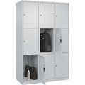 C+P Schließfachschrank Classic PLUS, 3 Abteile, lichtgrau, B 1200 mm, 9 Fächer, mit Bodengleitern