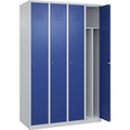 C+P Spind Classic PLUS, 4 Abteile, lichtgrau / enzianblau, B 1200 mm, mit Bodengleitern, Zylinderschloss, Trennwand mittig