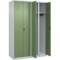 C+P Schwarz-Weiß-Spind Classic PLUS, 2 Abteile, lichtgrau / resedagrün, HxB 1850 x 1200 mm, mit Bodengleitern, Drehriegel