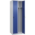 C+P Spind Classic PLUS, 2 Abteile, lichtgrau / enzianblau, B 600 mm, mit Bodengleitern, Drehriegel, Trennwand mittig