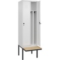 C+P Spind Classic PLUS Sitzbank, 2 Abteile, mittig, verkehrsweiß, B 600 mm, Sicherheits-Drehriegel, auskragend, Buche-Hartholz