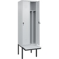 C+P Spind Classic PLUS Sitzbank, 2 Abteile, mittig, lichtgrau, B 600 mm, Sicherheits-Drehriegel, auskragend, Kunststoff