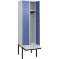 C+P Spind Classic PLUS Sitzbank, 2 Abteile, lichtgrau / fernblau, B 600 mm, Zylinderschloss, auskragend, Kunststoff