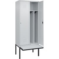 C+P Spind Classic PLUS Sitzbank, 2 Abteile, mittig, lichtgrau, B 800 mm, Zylinderschloss, auskragend, Kunststoff