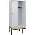 C+P Spind Classic PLUS Sitzbank, 2 Abteile, lichtgrau, B 800 mm, Sicherheits-Drehriegel, auskragend, Buche-Hartholz