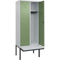 C+P Spind Classic PLUS Sitzbank, 2 Abteile, lichtgrau / resedagrün, B 800 mm, Zylinderschloss, auskragend, Kunststoff